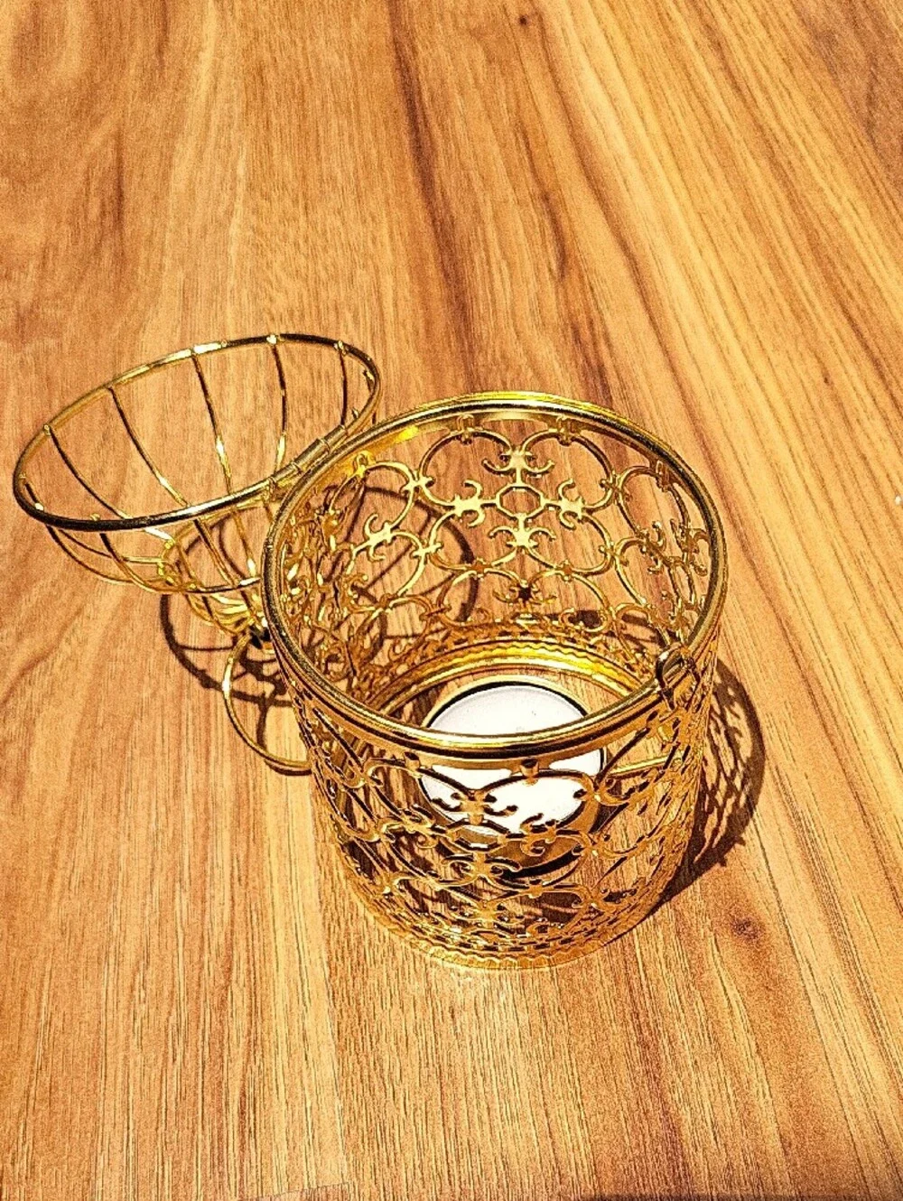 Gold Ornate Filigree Candle Lantern with Hanging Ring